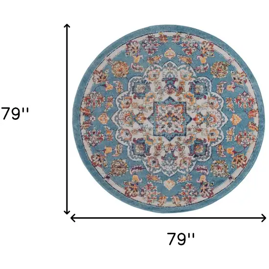 6' Ivory Blue and Orange Medallion Power Loom Round Rug Photo 3