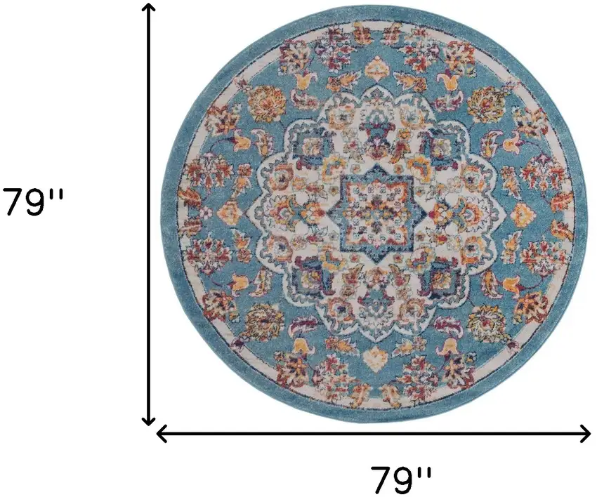 6' Ivory Blue and Orange Medallion Power Loom Round Rug Photo 3