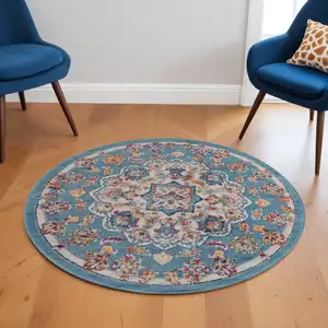 Photo of 6' Blue Round Medallion Power Loom Area Rug