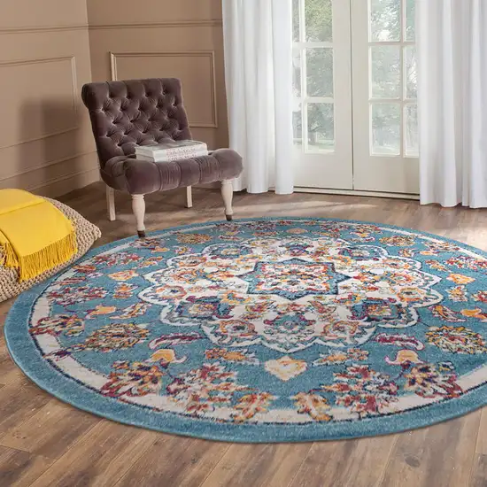 6' Ivory Blue and Orange Medallion Power Loom Round Rug Photo 6