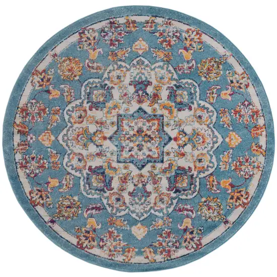 6' Ivory Blue and Orange Medallion Power Loom Round Rug Photo 2