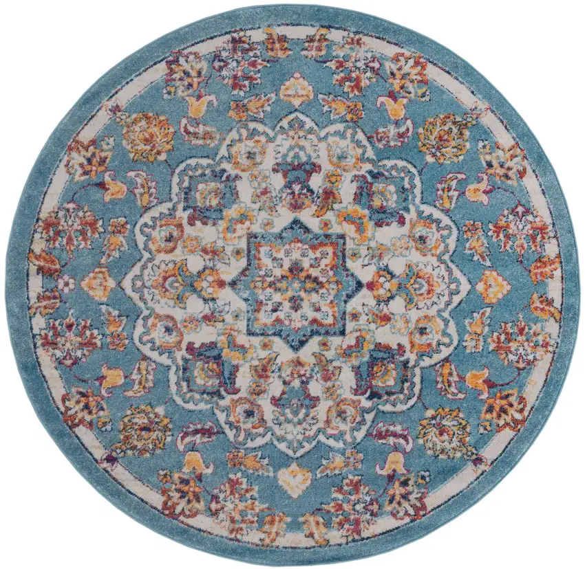 6' Ivory Blue and Orange Medallion Power Loom Round Rug Photo 2