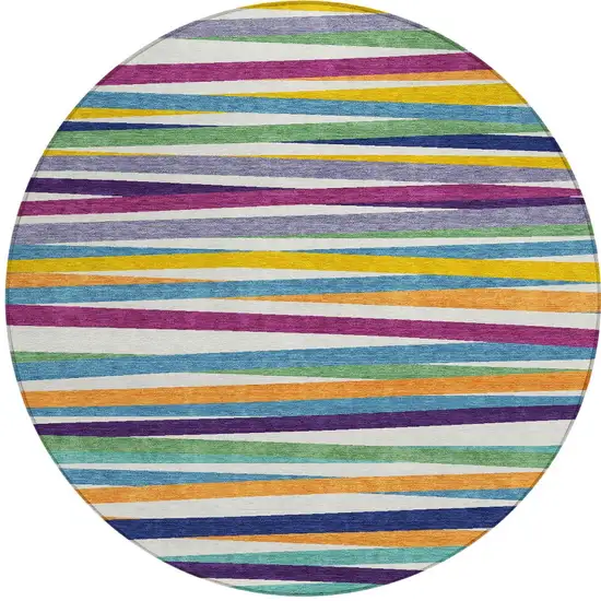 8' Blue Round Striped Washable Indoor Outdoor Area Rug Photo 7