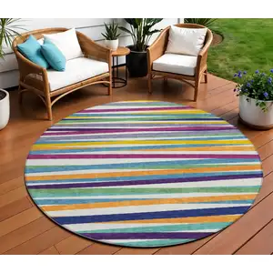 Photo of 8' Blue Round Striped Washable Indoor Outdoor Area Rug