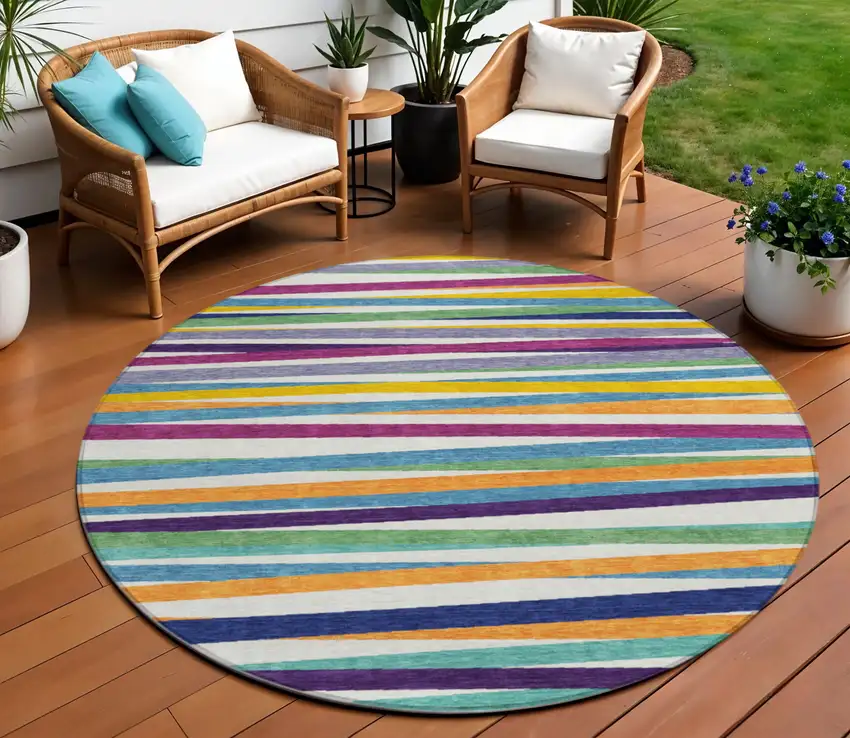 8' Blue Round Striped Washable Indoor Outdoor Area Rug Photo 1