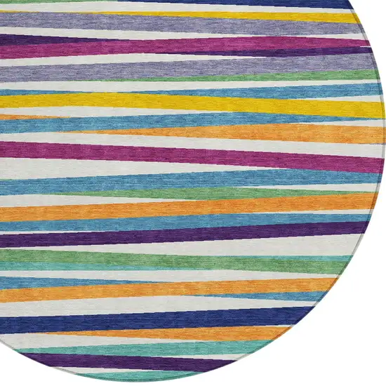 8' Blue Round Striped Washable Indoor Outdoor Area Rug Photo 6