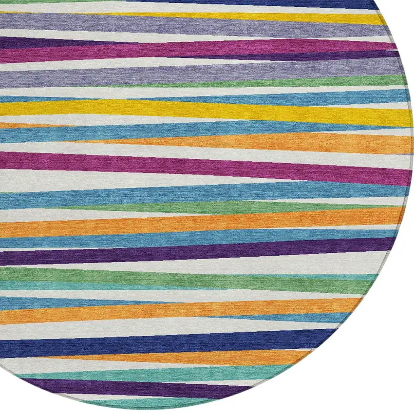 8' Blue Round Striped Washable Indoor Outdoor Area Rug Photo 6