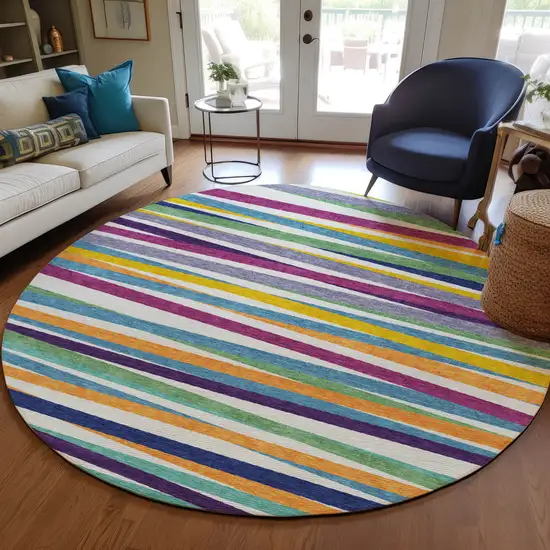 8' Blue Round Striped Washable Indoor Outdoor Area Rug Photo 9