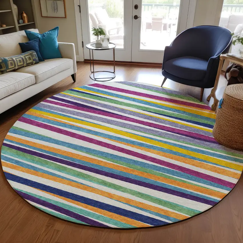 8' Blue Round Striped Washable Indoor Outdoor Area Rug Photo 9
