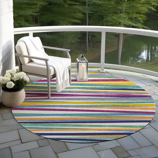 8' Blue Round Striped Washable Indoor Outdoor Area Rug Photo 8