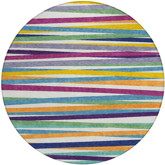 8' Blue Round Striped Washable Indoor Outdoor Area Rug Photo 2