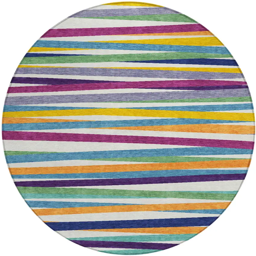 8' Blue Round Striped Washable Indoor Outdoor Area Rug Photo 2