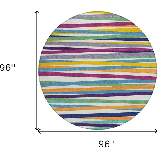 8' Blue Round Striped Washable Indoor Outdoor Area Rug Photo 3