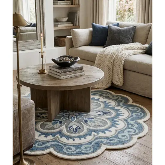 4' Blue Round Wool Floral Hand Tufted Area Rug Photo 4