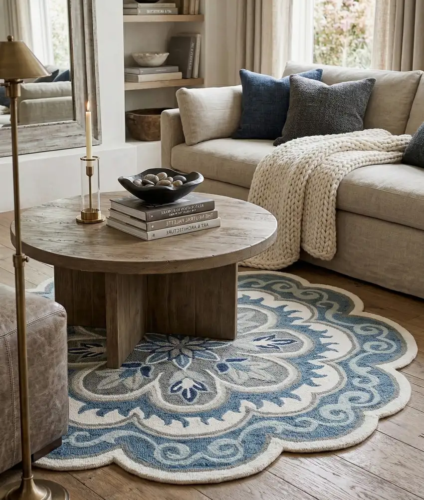 4' Blue Round Wool Floral Hand Tufted Area Rug Photo 4