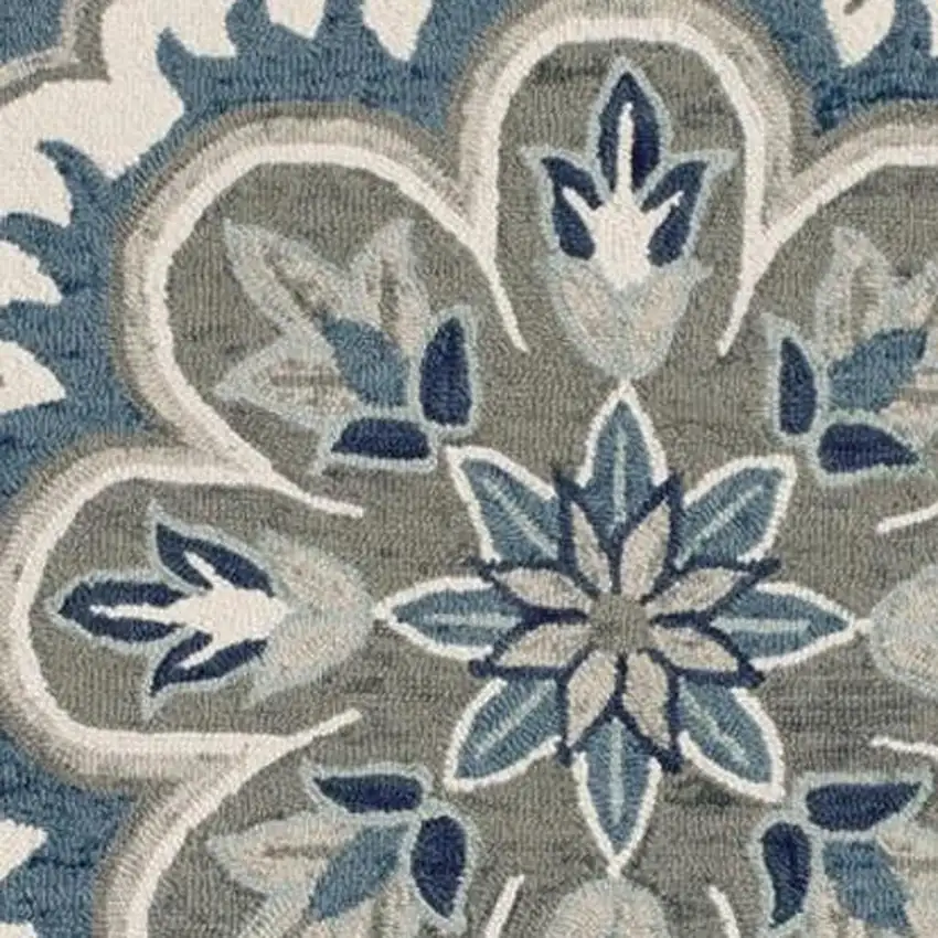 4' Blue Round Wool Floral Hand Tufted Area Rug Photo 3