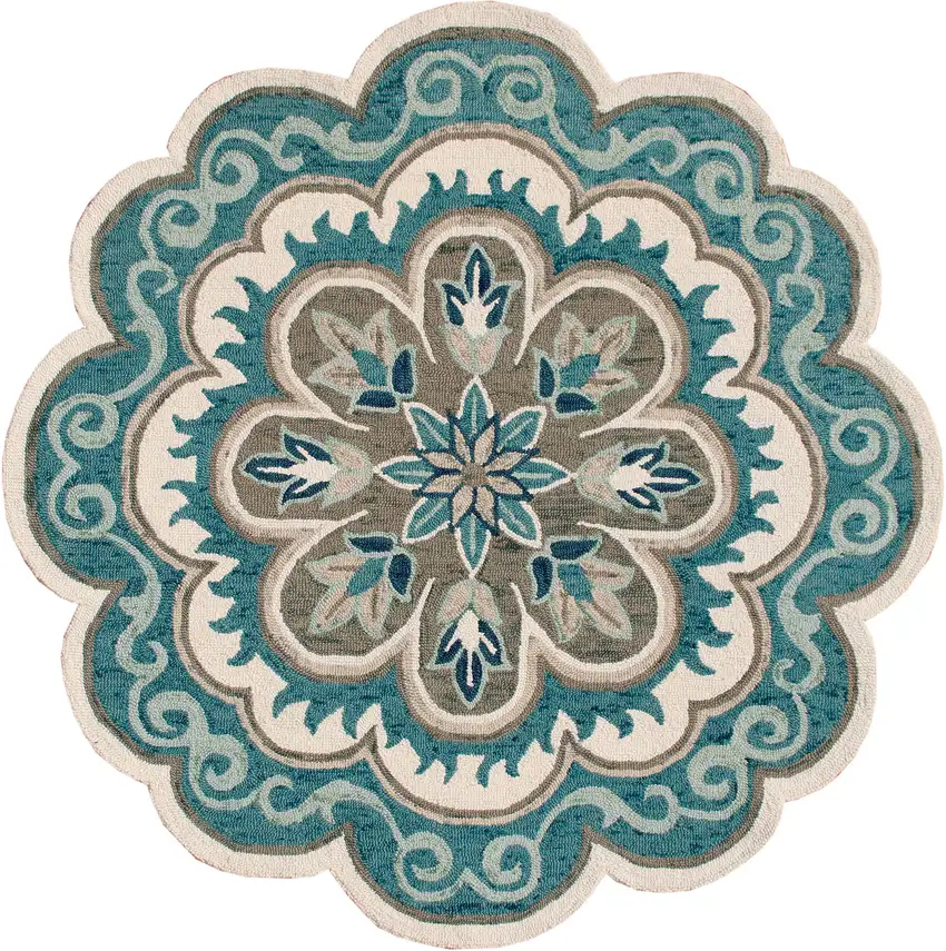4' Blue Round Wool Floral Hand Tufted Area Rug Photo 1