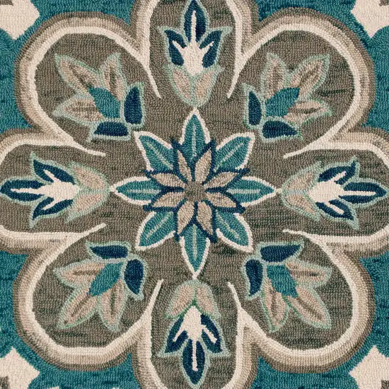 4' Blue Round Wool Floral Hand Tufted Area Rug Photo 4