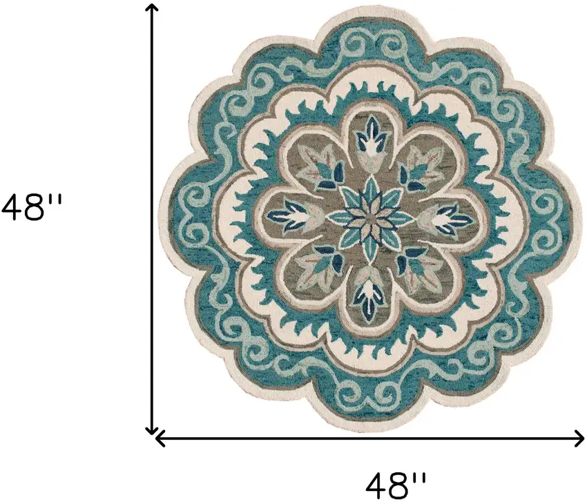4' Blue Round Wool Floral Hand Tufted Area Rug Photo 8