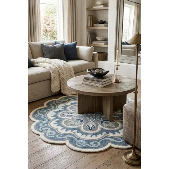 4' Blue Round Wool Floral Hand Tufted Area Rug Photo 5