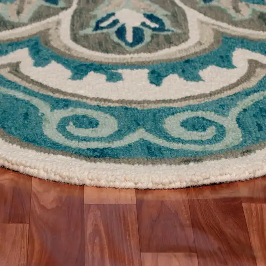 4' Blue Round Wool Floral Hand Tufted Area Rug Photo 6