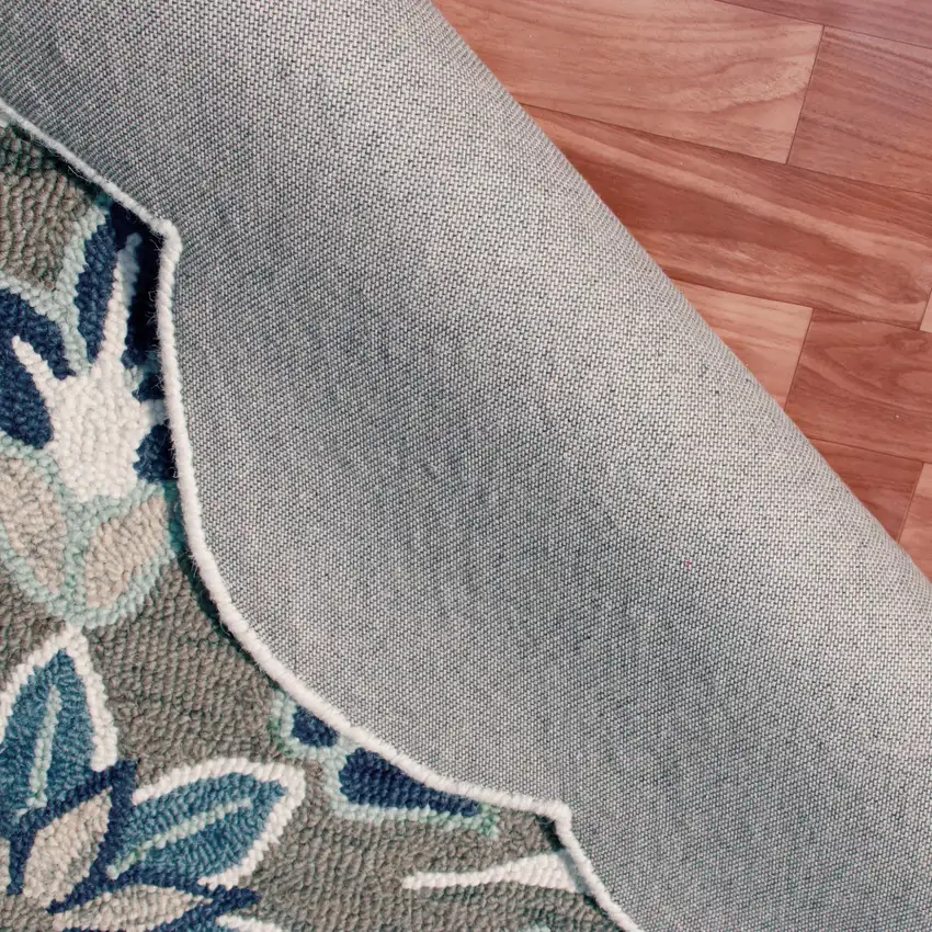 4' Blue Round Wool Floral Hand Tufted Area Rug Photo 9