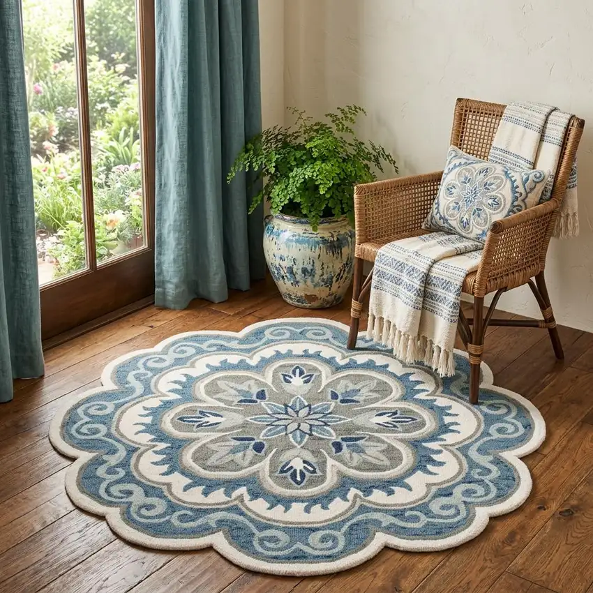 4' Blue Round Wool Floral Hand Tufted Area Rug Photo 1