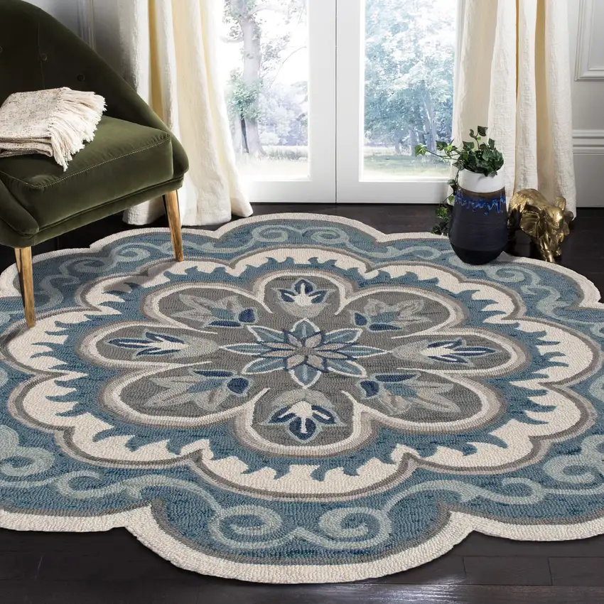 4' Blue Round Wool Floral Hand Tufted Area Rug Photo 5