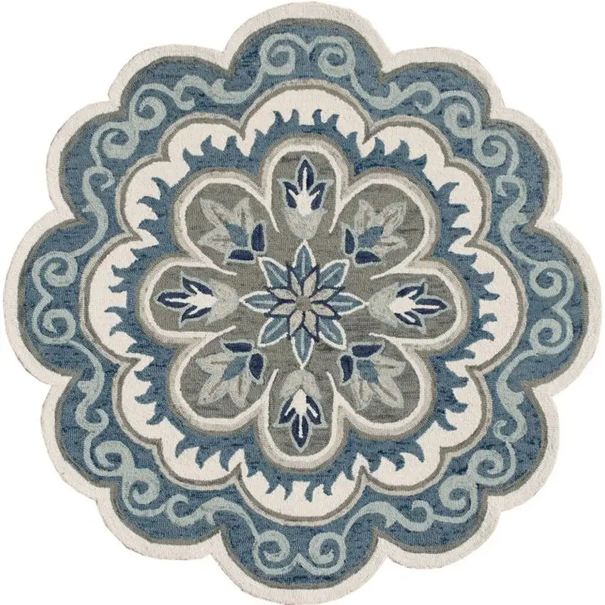 4' Blue Round Wool Floral Hand Tufted Area Rug Photo 3