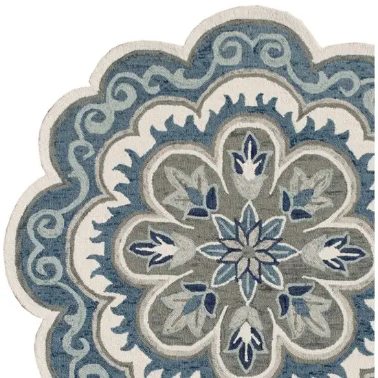 4' Blue Round Wool Floral Hand Tufted Area Rug Photo 2