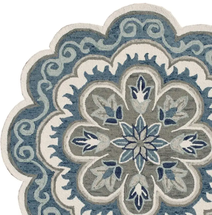 4' Blue Round Wool Floral Hand Tufted Area Rug Photo 2