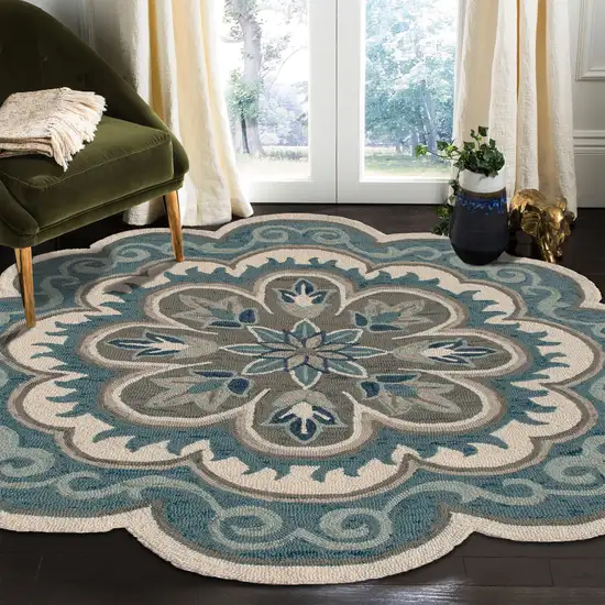 4' Blue Round Wool Floral Hand Tufted Area Rug Photo 7