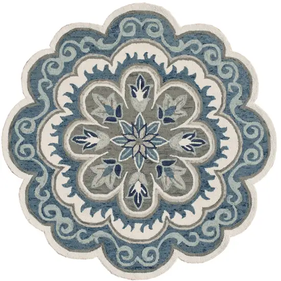 4' Blue Round Wool Floral Hand Tufted Area Rug Photo 4