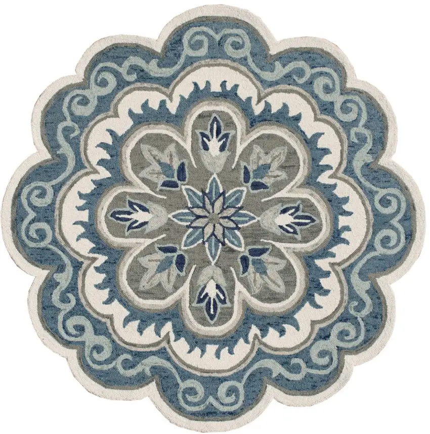 4' Blue Round Wool Floral Hand Tufted Area Rug Photo 4