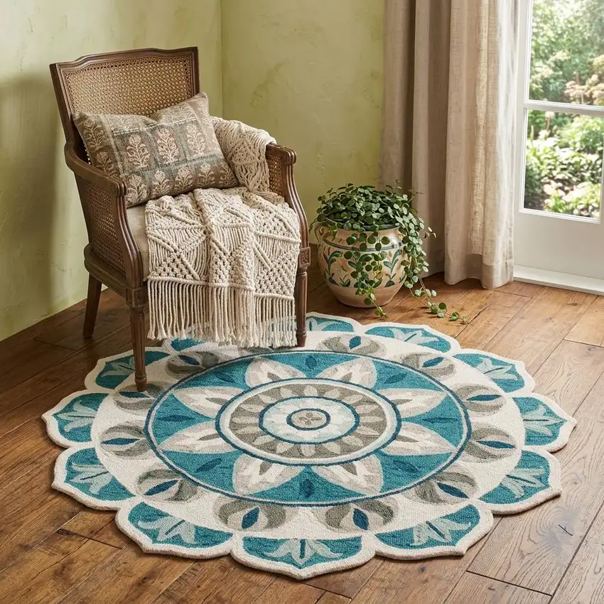 4' Blue Round Wool Floral Hand Tufted Area Rug Photo 1