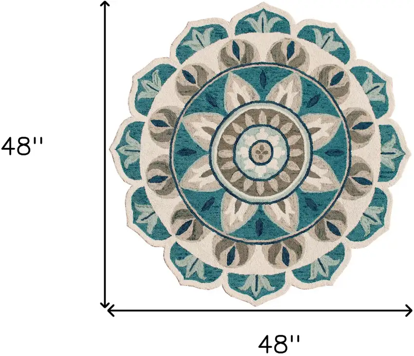 4' Blue Round Wool Floral Hand Tufted Area Rug Photo 9