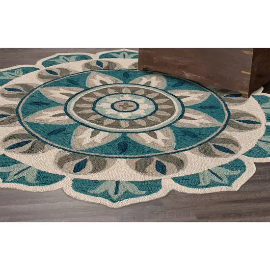 4' Blue Round Wool Floral Hand Tufted Area Rug Photo 3