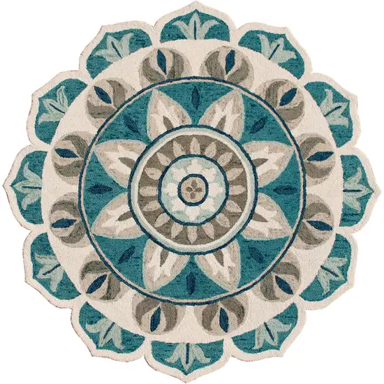 4' Blue Round Wool Floral Hand Tufted Area Rug Photo 1