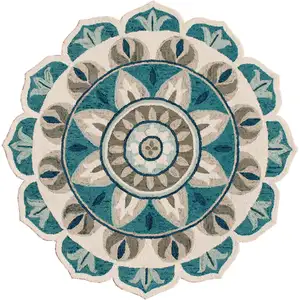 Photo of 4' Blue Round Wool Floral Hand Tufted Area Rug