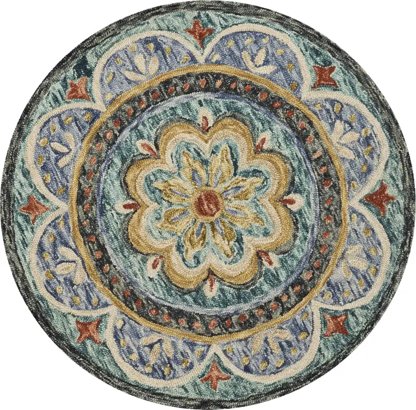 4' Blue Round Wool Floral Hand Tufted Area Rug Photo 1