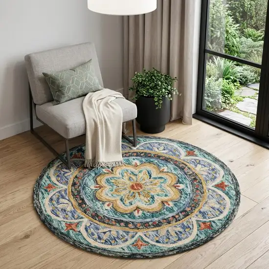 4' Blue Round Wool Floral Hand Tufted Area Rug Photo 1