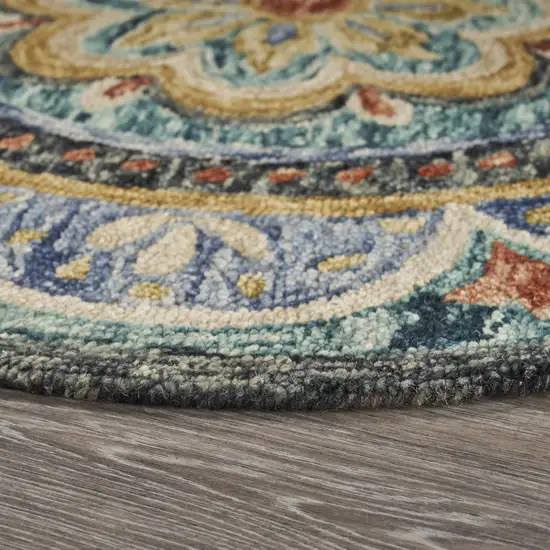 4' Blue Round Wool Floral Hand Tufted Area Rug Photo 4