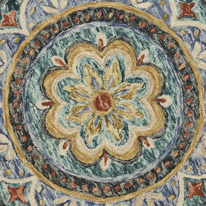 4' Blue Round Wool Floral Hand Tufted Area Rug Photo 3