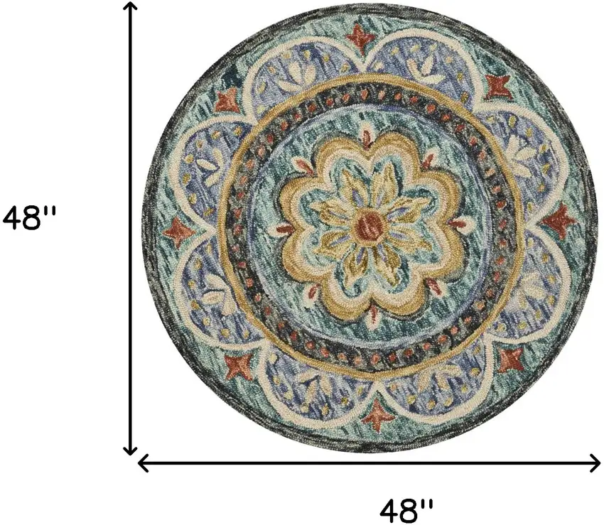 4' Blue Round Wool Floral Hand Tufted Area Rug Photo 9