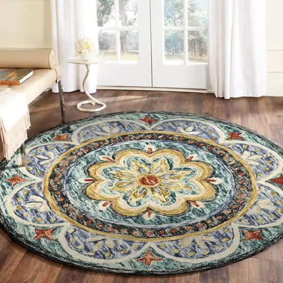 4' Blue Round Wool Floral Hand Tufted Area Rug Photo 8