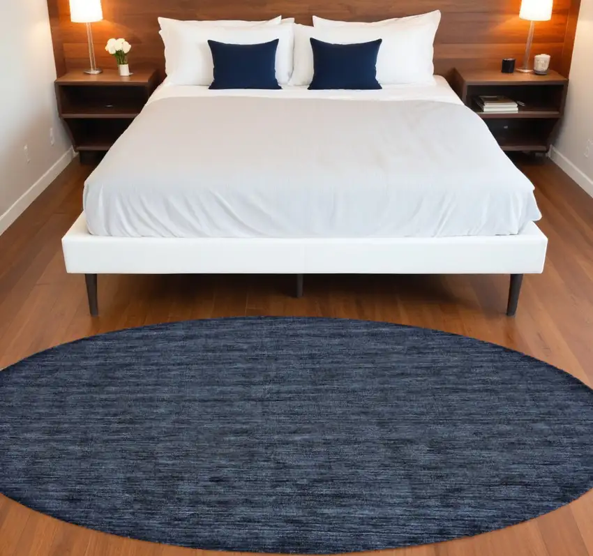 8' Blue Round Wool Hand Woven Area Rug Photo 1