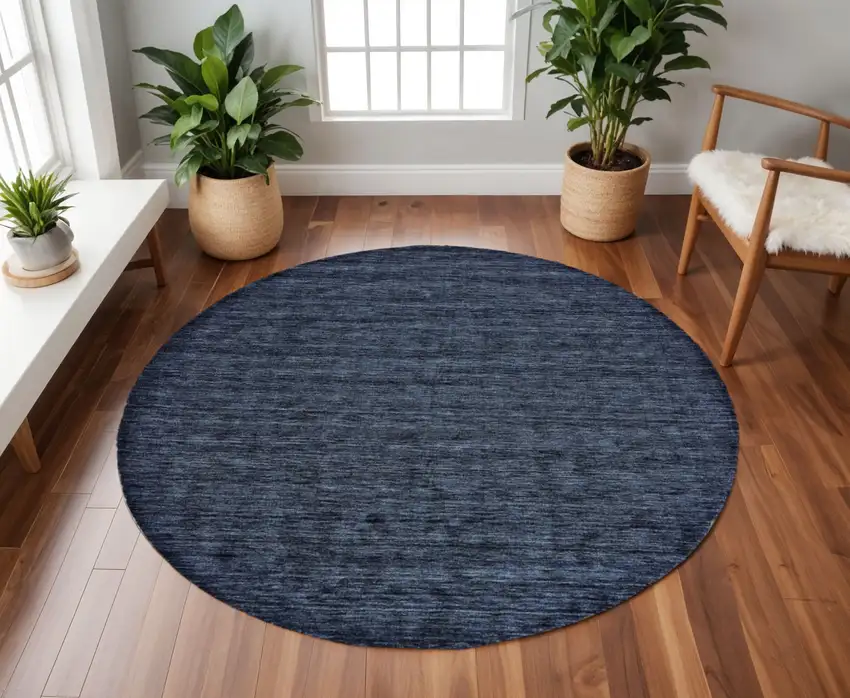 8' Blue Round Wool Hand Woven Area Rug Photo 1