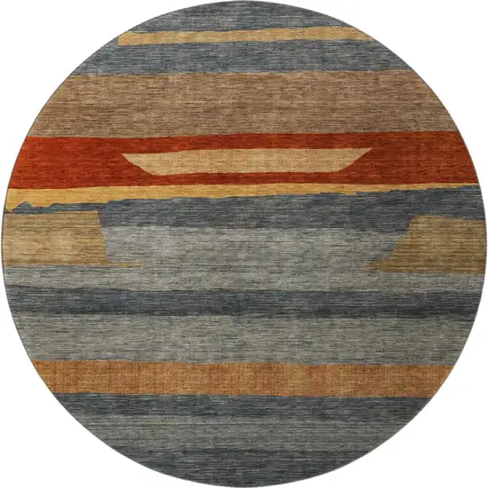8' Blue Rust And Gold Striped Washable Round Rug With UV Protection Photo 3