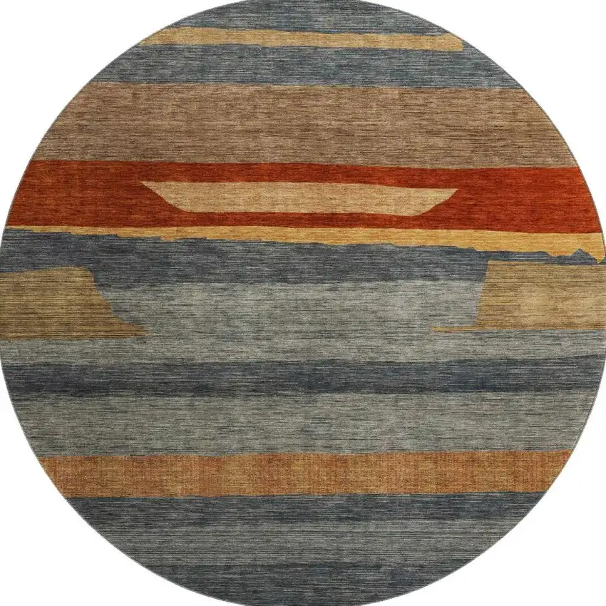 8' Blue Rust And Gold Striped Washable Round Rug With UV Protection Photo 2