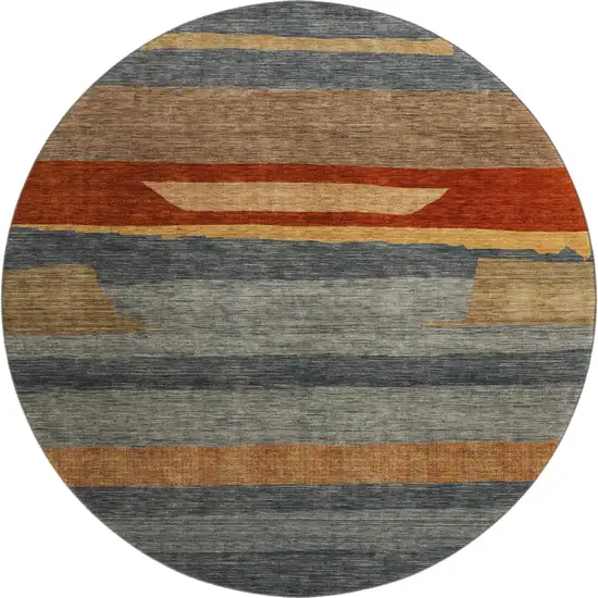 8' Blue Rust And Gold Striped Washable Round Rug With UV Protection Photo 1
